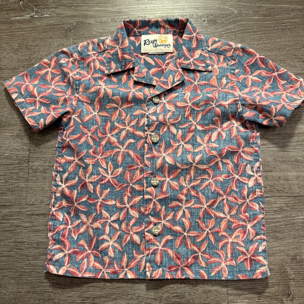 Reyn Spooner Shirt Boys 18/24M Blue Coral Floral Cotton Aloha Hawaiian Tropical